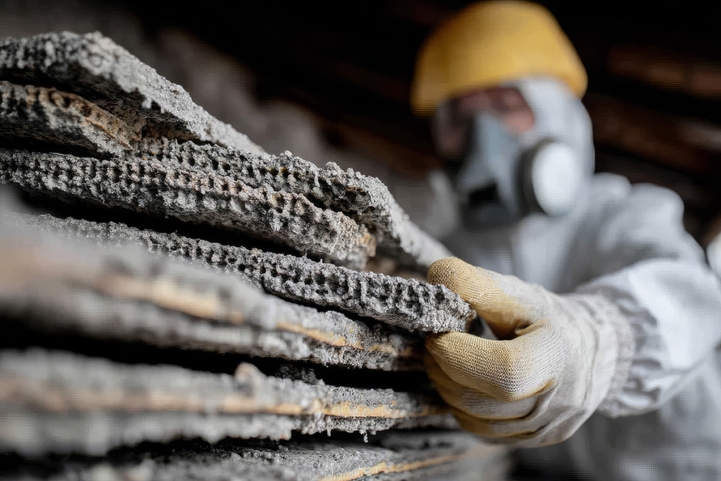 Asbestos Removal Specialist Inspecting Damaged Insulation in Att Ein Arbeiter in Schutzkleidung greift nach Asbestplatten in einem Lagerraum, um Sicherheitsmaßnahmen zu treffen.